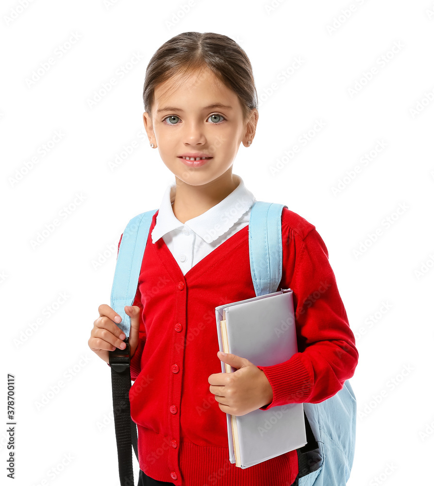 Little schoolgirl on white background