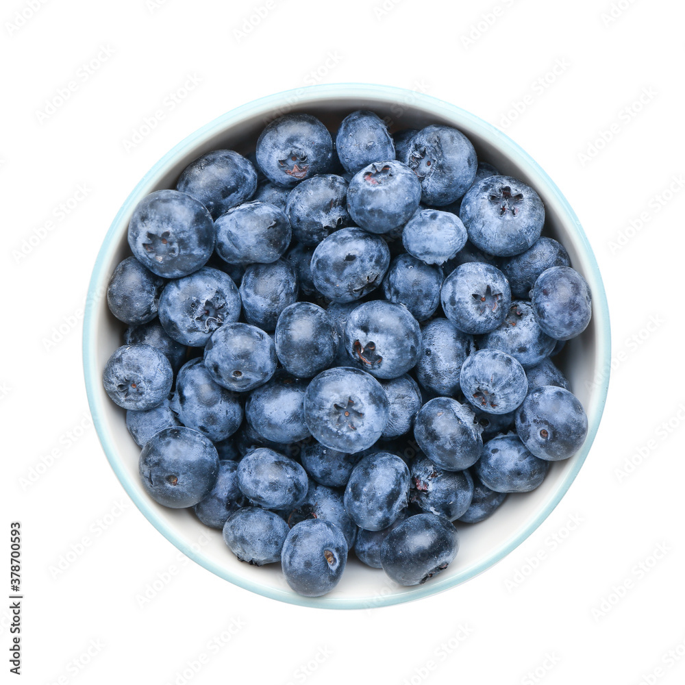 Tasty ripe blueberry in bowl on white background