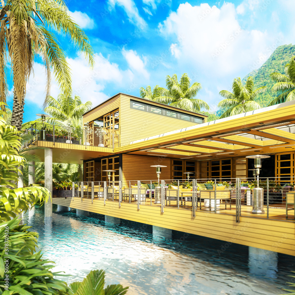 Resort Terrace Restaurant Area - focused 3d architectural visualization