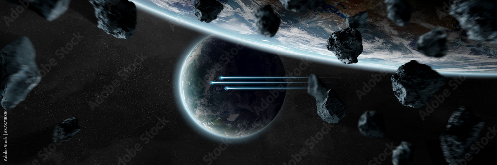 Panoramic space planets background. Panorama of distant solar system with exoplanets 3D rendering el