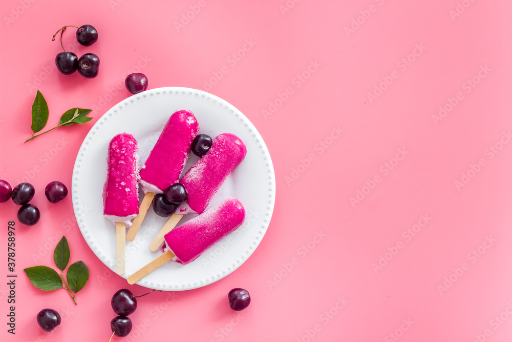 Fresh cherry berries ice cream. Popsicles overhead view