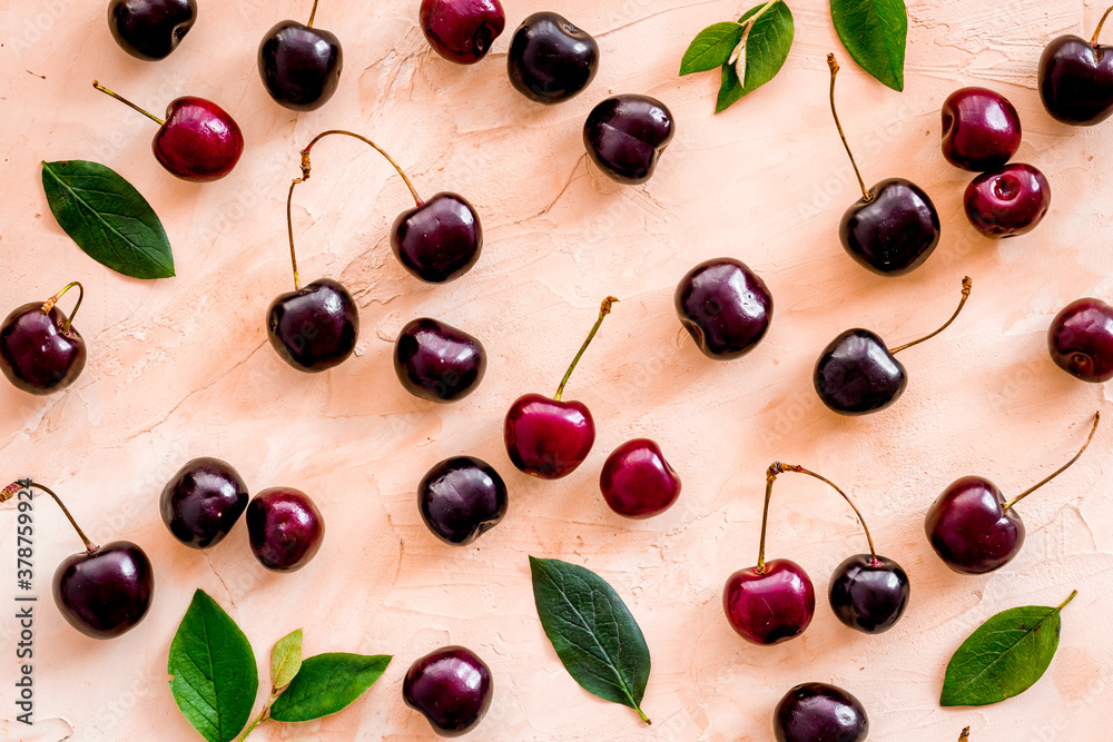 Fresh cherries pattern, top view. Food berries background