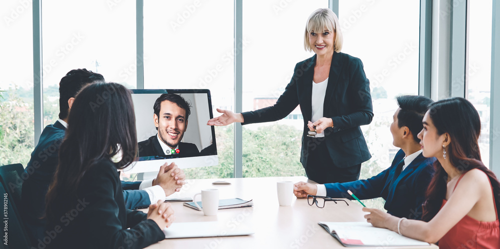 Video call group business people meeting on virtual workplace or remote office. Telework conference 