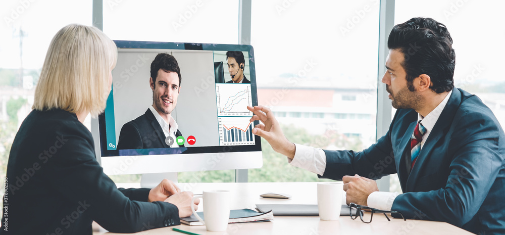 Video call group business people meeting on virtual workplace or remote office. Telework conference 