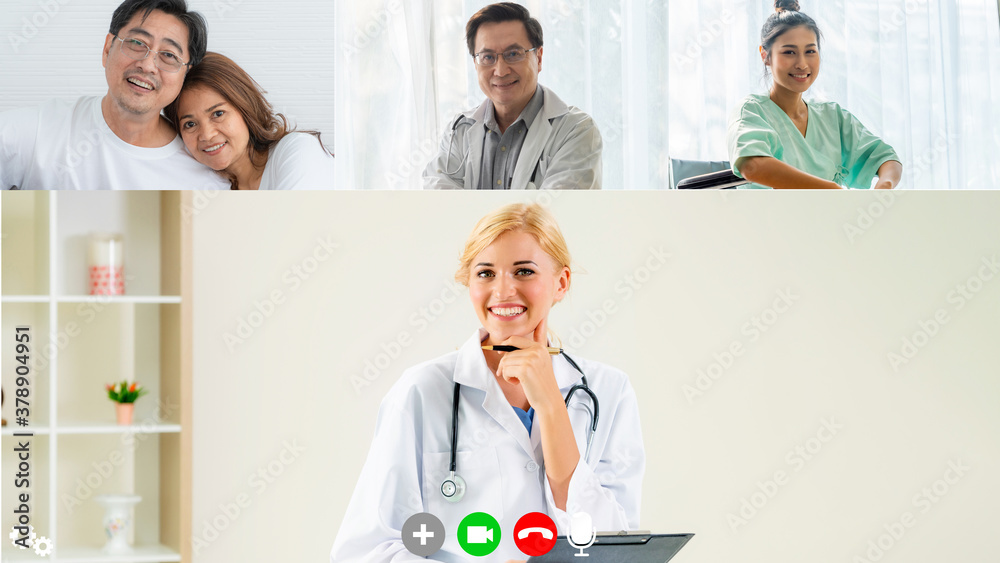 Doctor and patient talking on video call for telemedicine service . Online health care application i