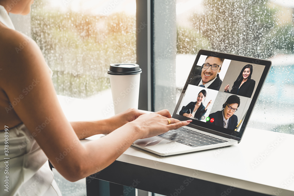 Video call business people meeting on virtual workplace or remote office. Telework conference call u