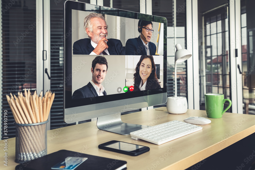 Video call business people meeting on virtual workplace or remote office. Telework conference call u