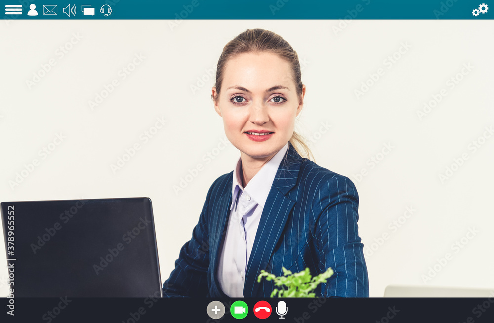 Business people meeting in video conference app on laptop monitor view . Online seminar application 