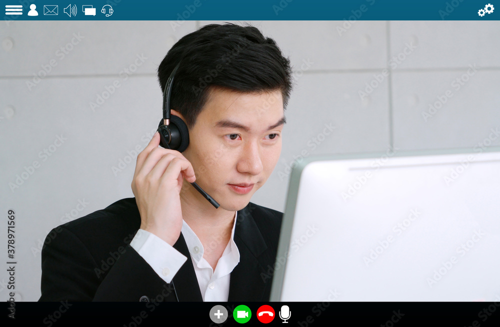 Business people meeting in video conference app on laptop monitor view . Online seminar application 