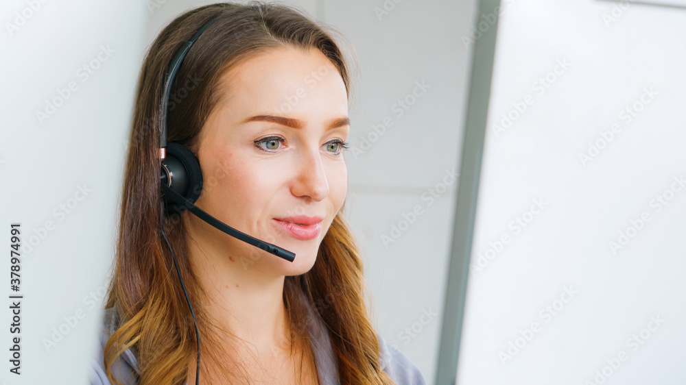 Business people wearing headset working in office to support remote customer or colleague. Call cent