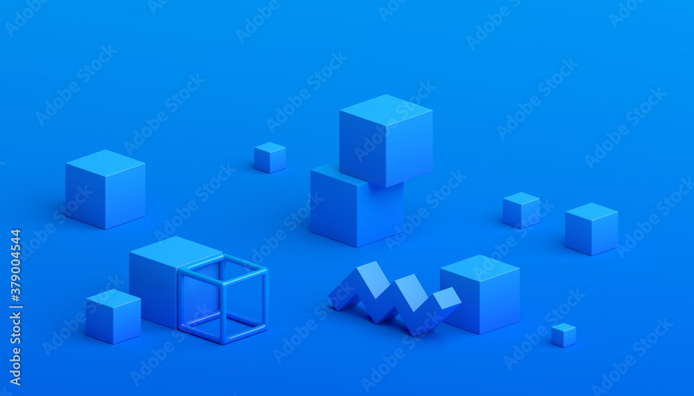 Abstract 3d render, geometric composition, blue background design with cubes