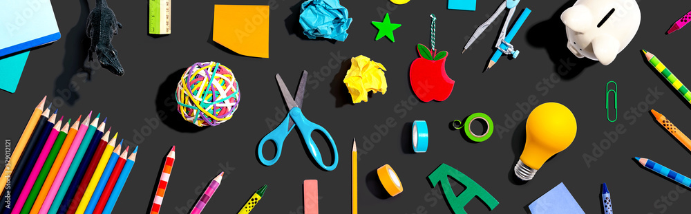 Collection of school supplies overhead view - flat lay