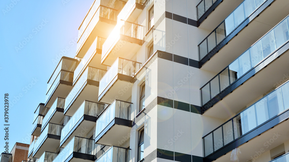 Architectural details of modern apartment building. Modern european residential apartment building c