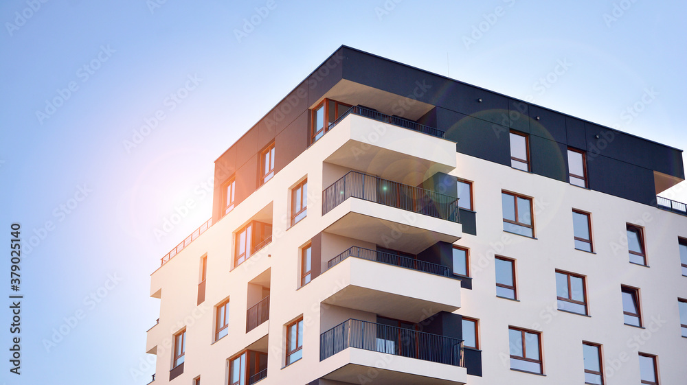 Architectural details of modern apartment building. Modern european residential apartment building c