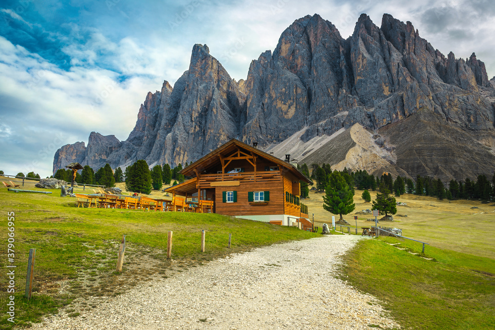 Fantastic alpine wooden chalet with cozy terrace in Dolomites, Italy