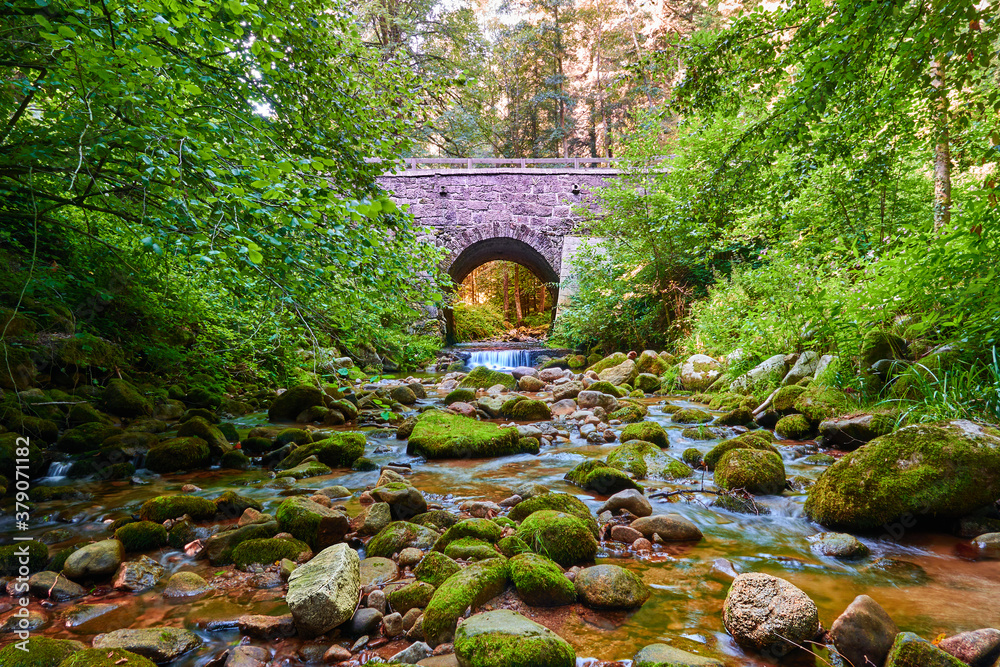 Bridge of gray stones lined with green trees, beautiful stones in a reddish river. Germany.