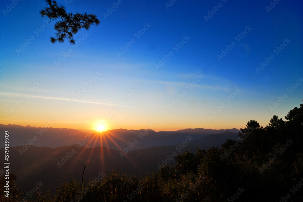 Sundet with blue sky and sunray in best landscape style