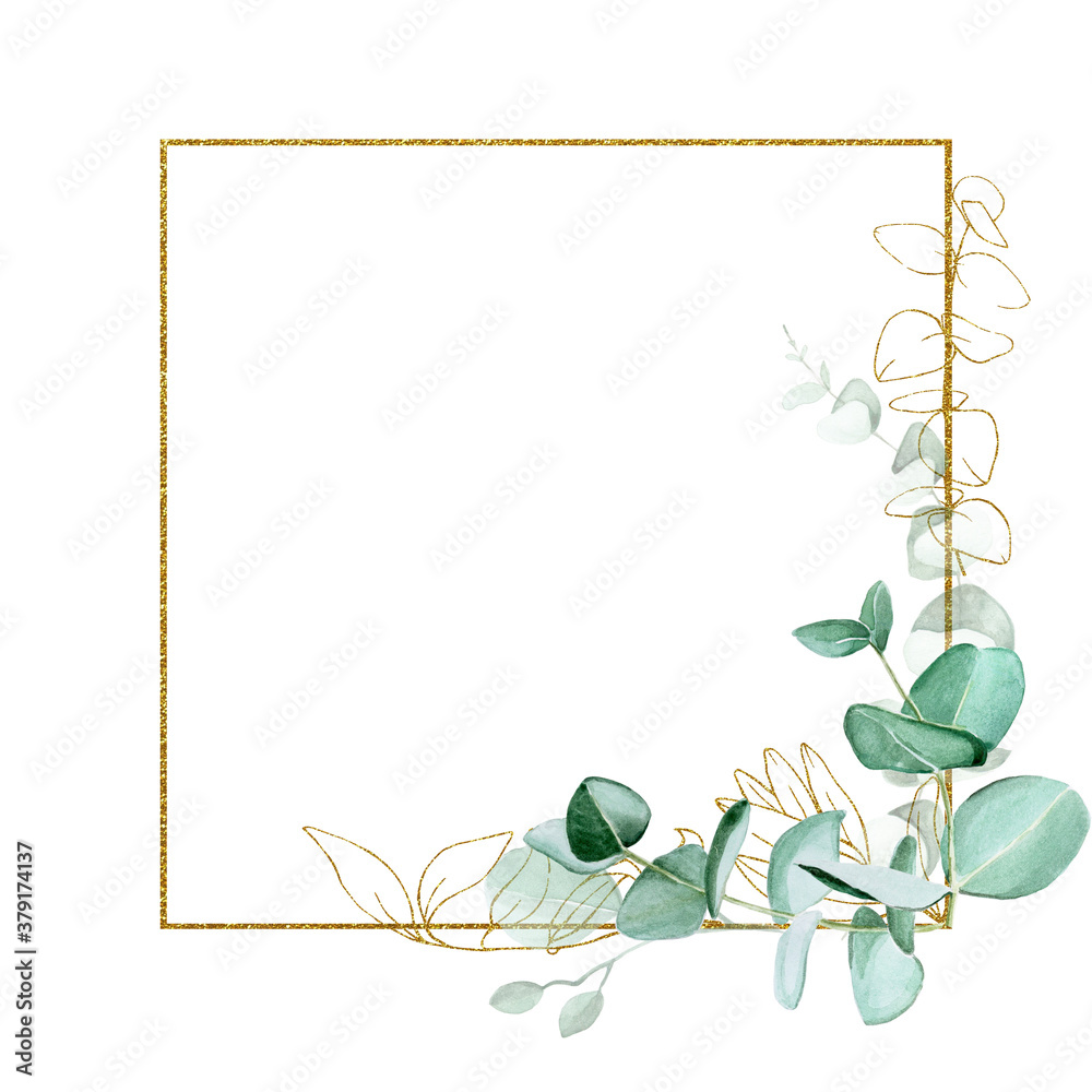 vintage gold square frame with eucalyptus leaves. rectangular shiny frame with watercolor eucalyptus