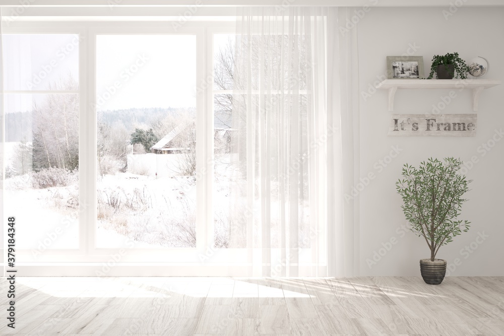 Mock up of empty room in white color with winter landscape in window. Scandinavian interior design. 