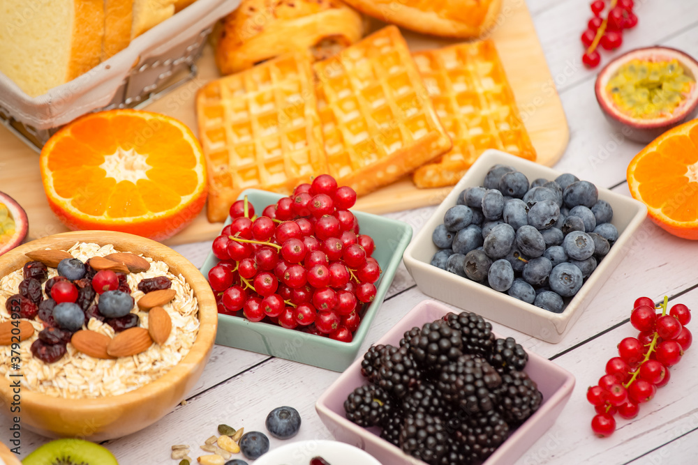 Breakfast Served in the morning with Butter bread and corn flakes Whole grains and raisins with milk