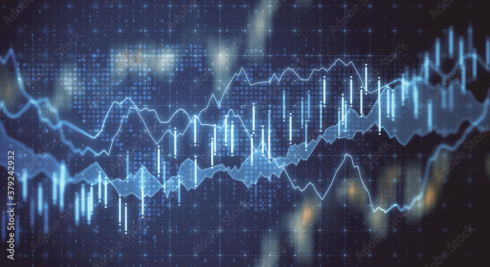 Digital screen with business statistics and stock data.