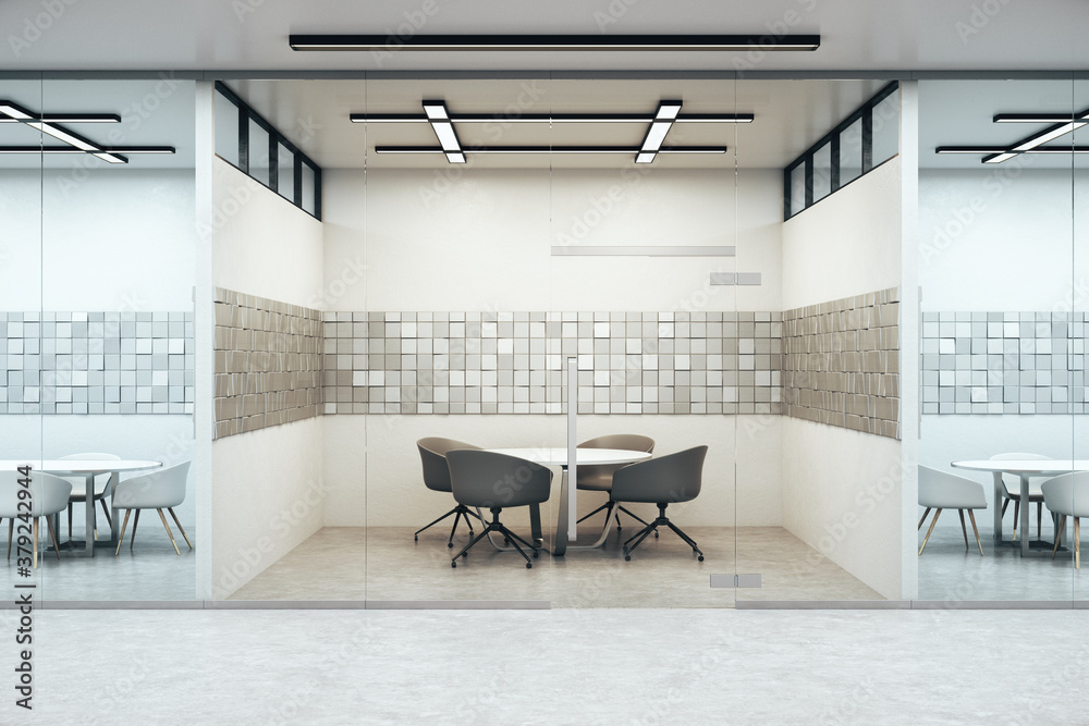 Modern conference interior with abstract wall tiles.