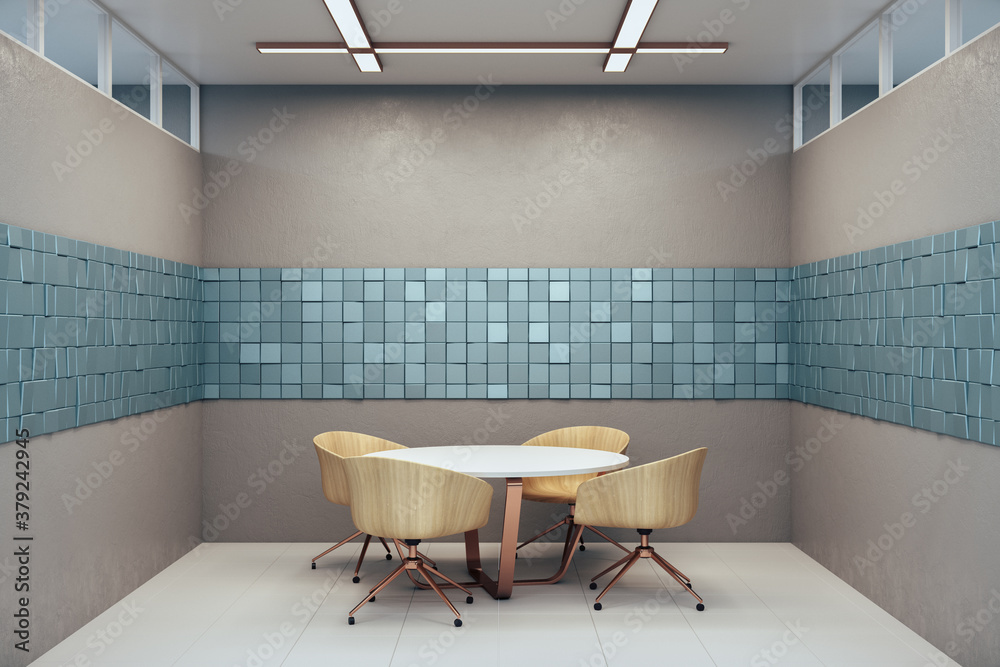 Modern meeting interior with abstract blue tiles