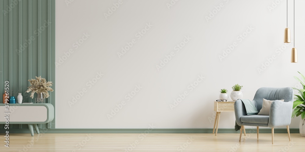 The interior has a armchair on empty white wall background.