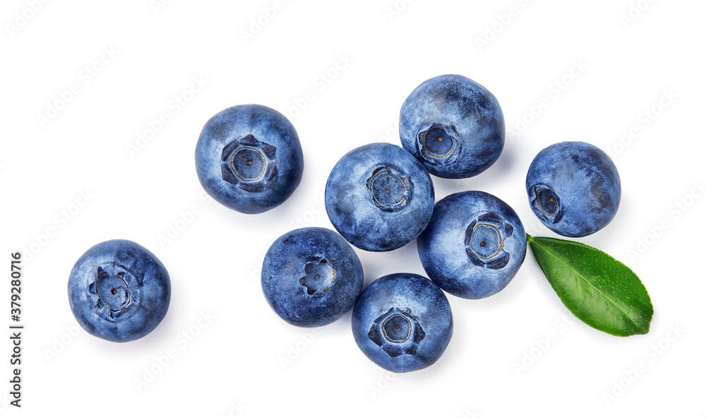 Fresh blueberries with bluberry leaves isolated on white background. Top vew of berries.