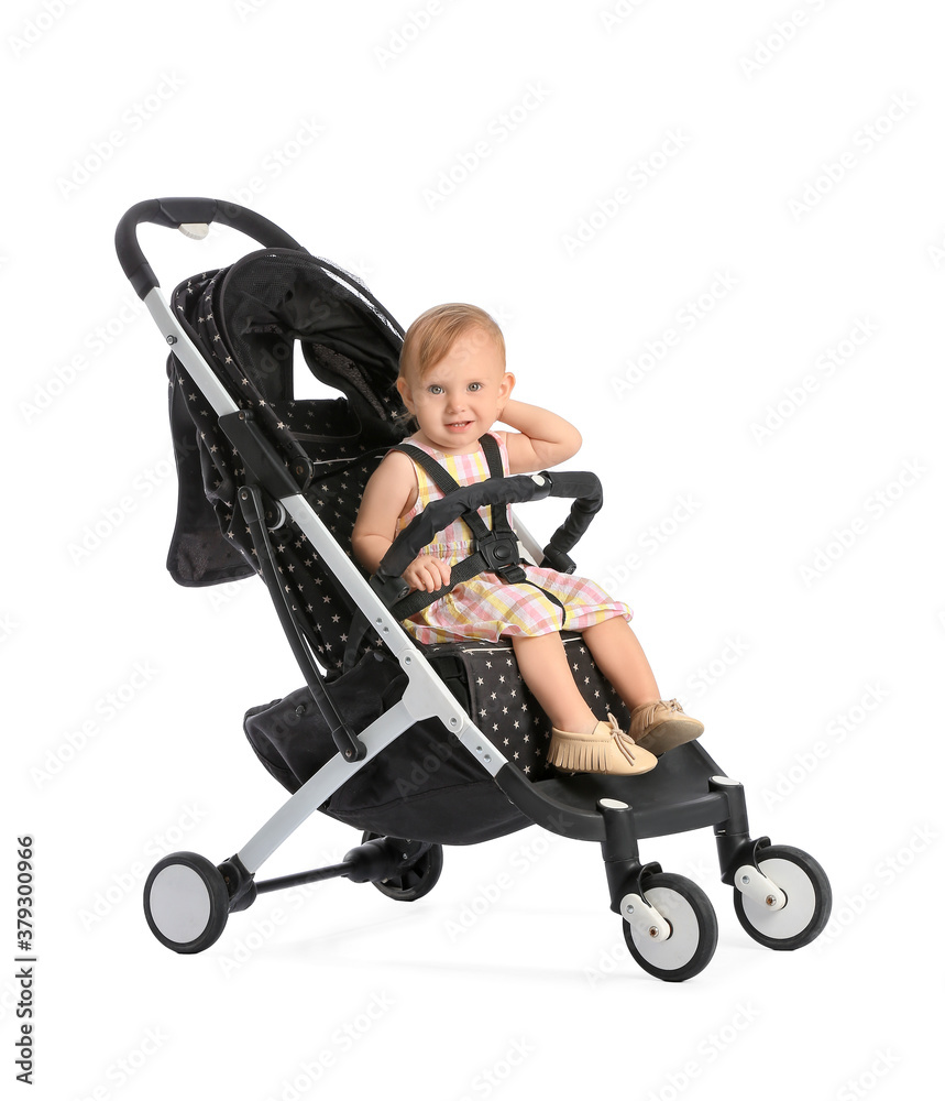 Cute little baby in stroller on white background