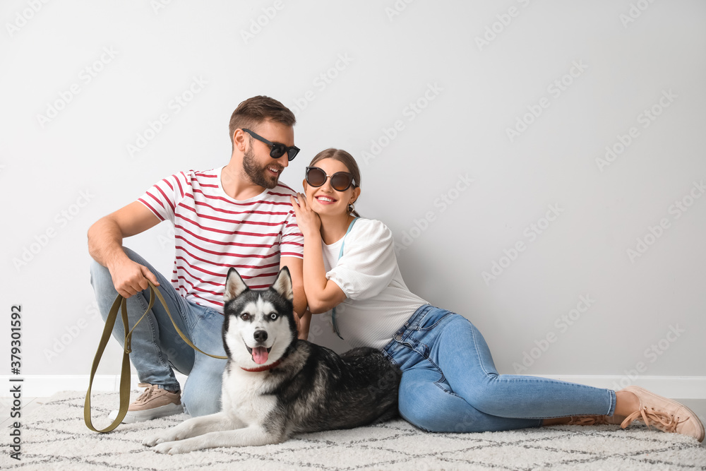 Young couple with cute Husky dog near light wall