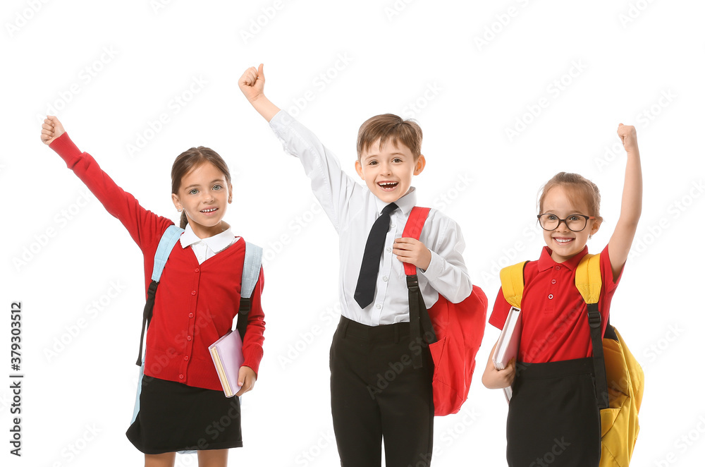 Happy little pupils on white background