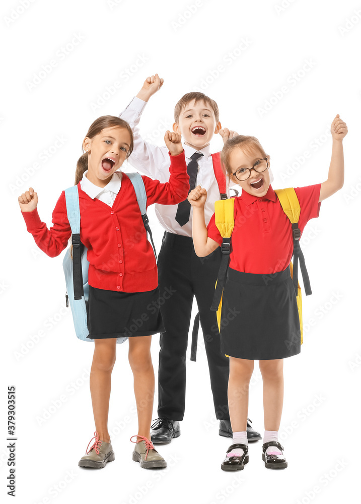 Happy little pupils on white background