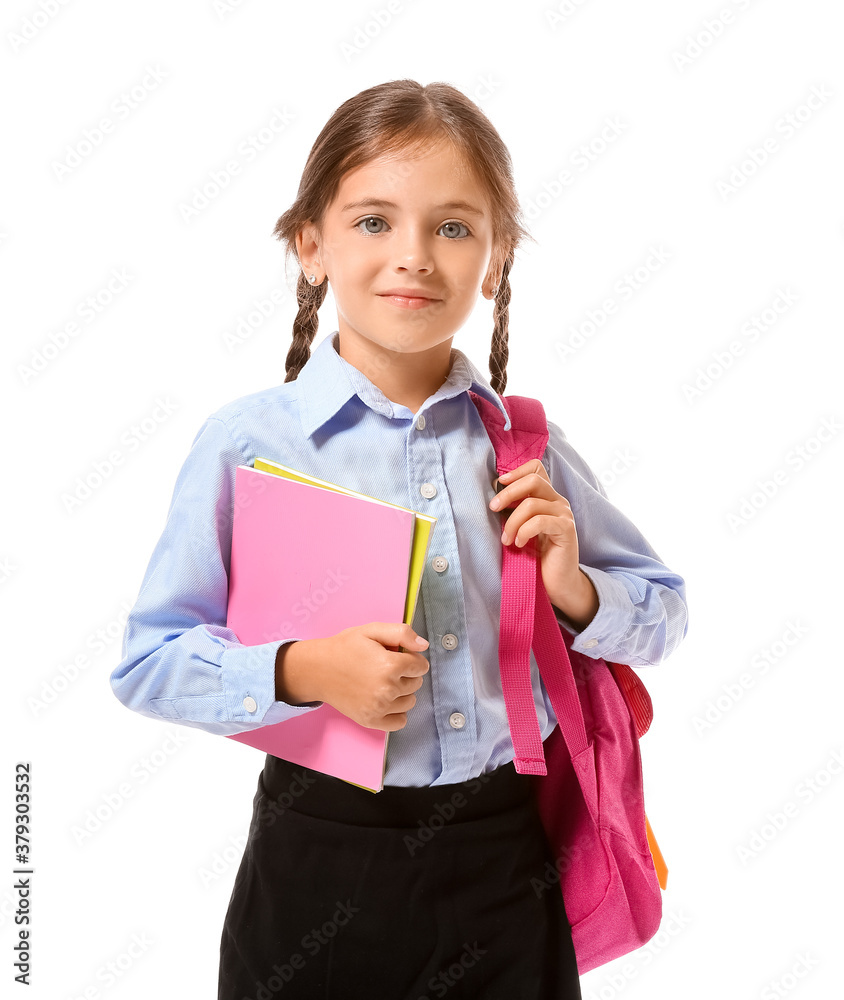 Little schoolgirl on white background