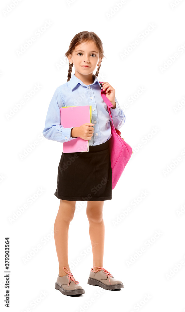 Little schoolgirl on white background