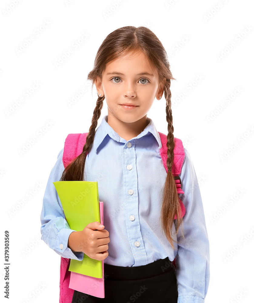 Little schoolgirl on white background