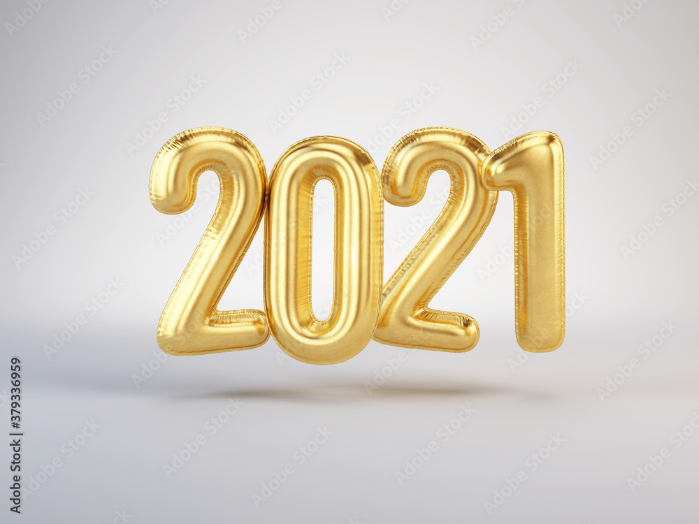 Gold 2021 Balloons. Happy New 2021 Year. Golden metallic numbers 2021. 3d rendering