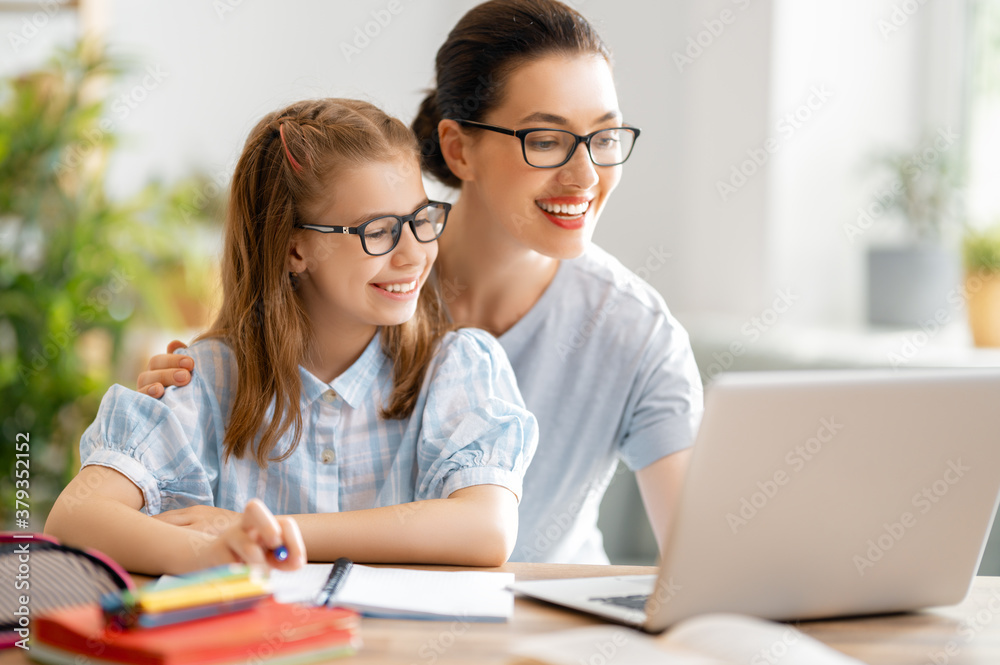 Girl doing homework or online education.