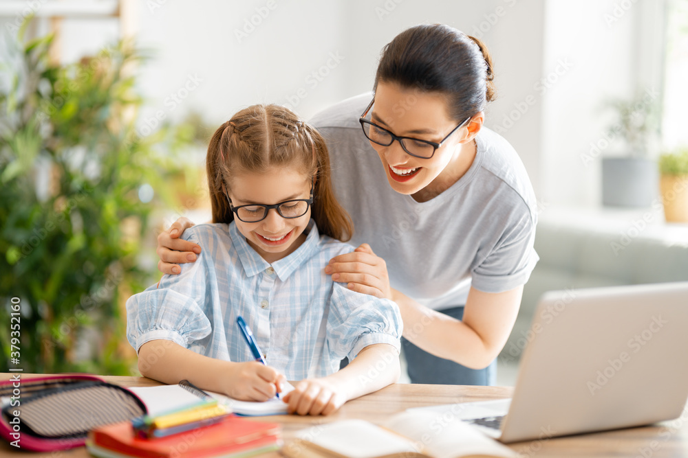 Girl doing homework or online education.