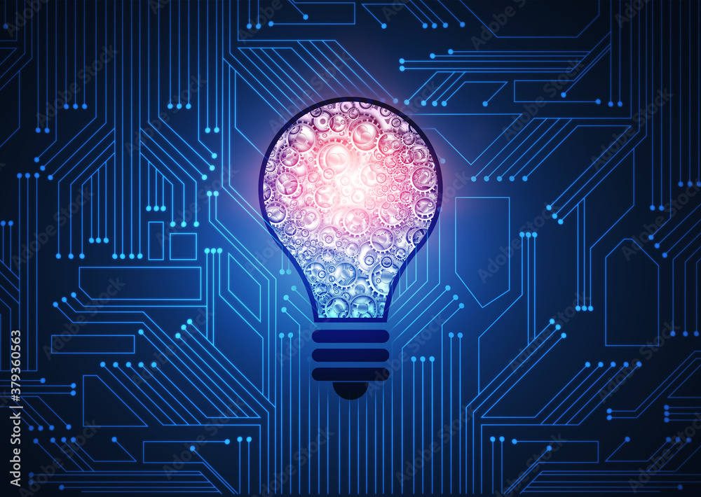 Lightbulb With Gears Mechanism Over Blue Computer Microcircuit Background, Illustration