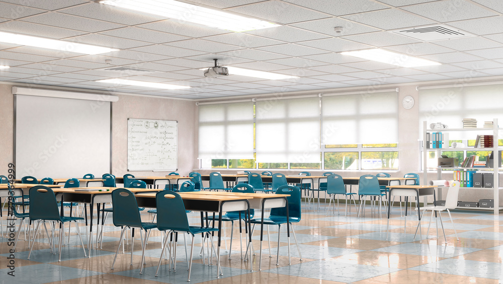 High school classroom interior. 3d illustration