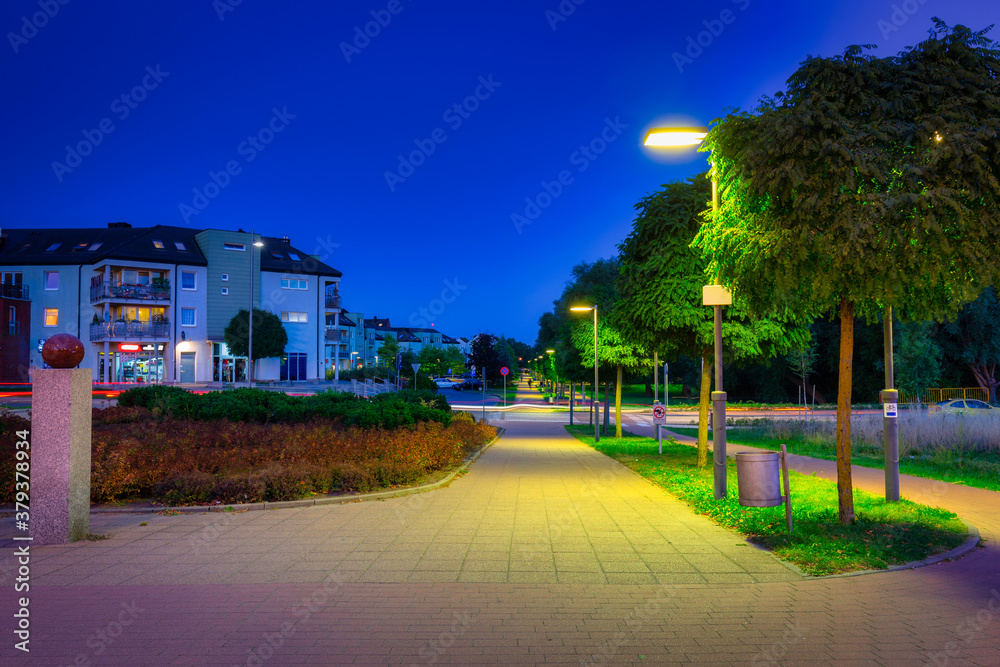 Scenery of the park in Pruszcz Gdanski at night, Poland.