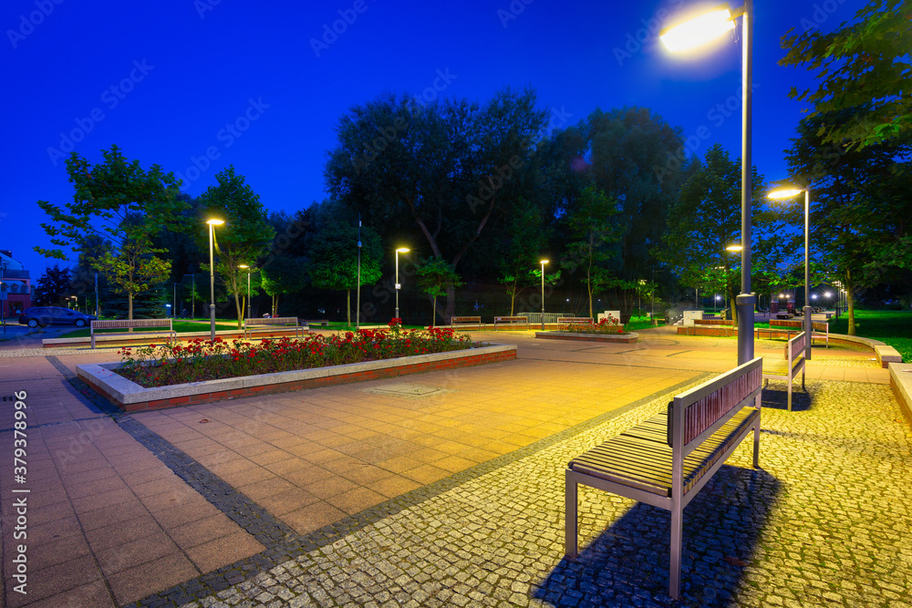 Scenery of the park in Pruszcz Gdanski at night, Poland.