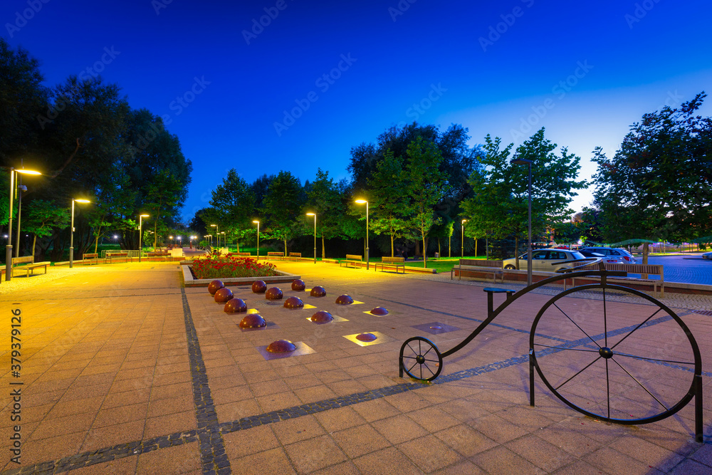 Scenery of city center in Pruszcz Gdanski at night, Poland.