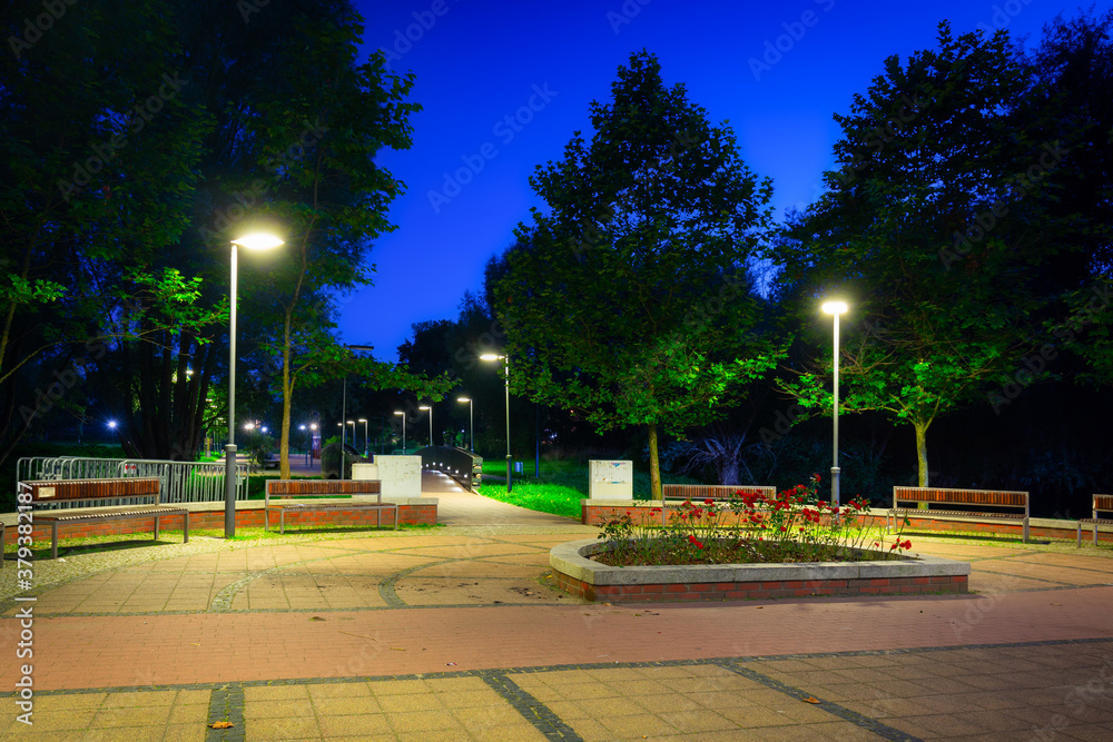 Scenery of the park in Pruszcz Gdanski at night, Poland.