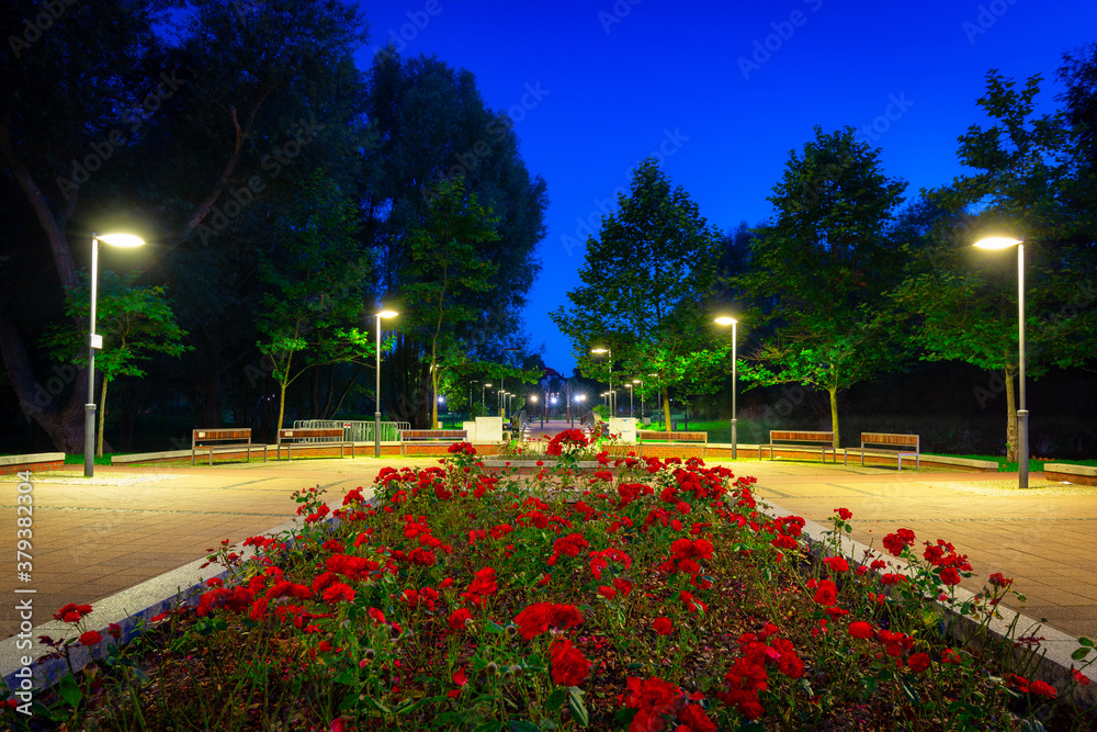 Scenery of the park in Pruszcz Gdanski at night, Poland.