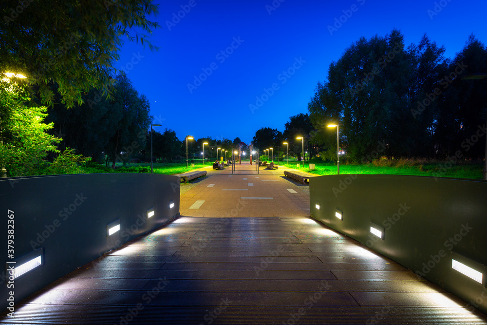 Scenery of the park in Pruszcz Gdanski at night, Poland.