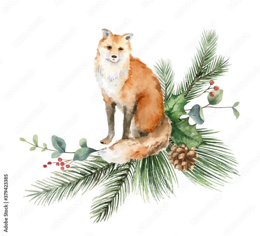 Watercolor vector Christmas card with fox and fir branches.