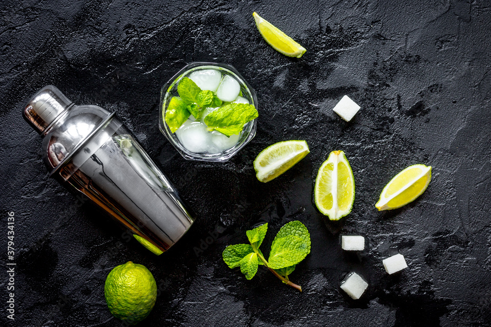 making mojito on dark background top view