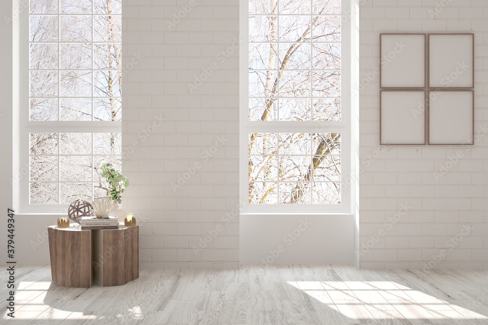 White empty room with winter landscape in window. Scandinavian interior design. 3D illustration